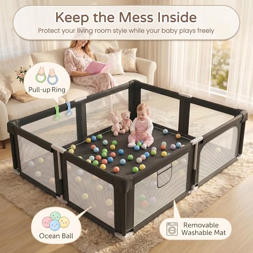 Image of Foldable Playpen for Babies and Toddlers with Mat, 73 inch x 61 inch Playard for Indoor & Outdoor, Baby Play Pen with Soft Breathable Mesh, Pull-Link and Ocean Balls, Black