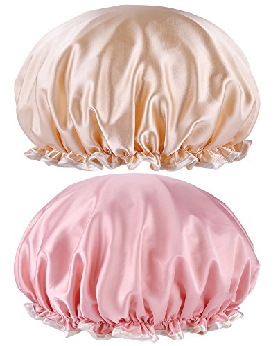 LyneeRan 2 Pack Waterproof Shower Cap Double Layers Bath Cap for Women,Reusable Spa Cap(champagne and cherry pink)