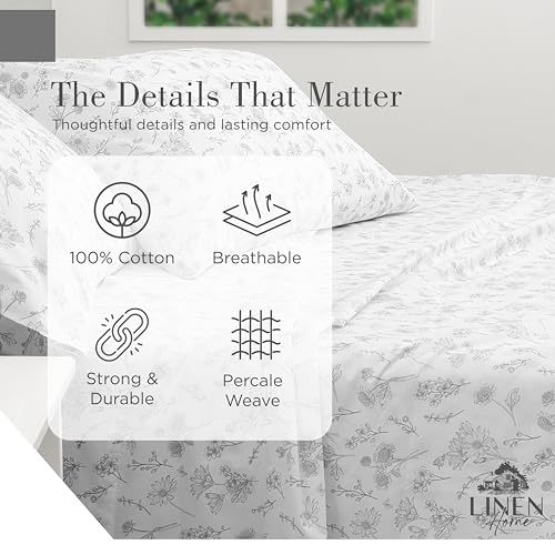 Image of Linen Home 100% Cotton Printed Percale Sheet Set King Size - 4 Piece Deep Pocket Floral Bedding, Crisp Cool & Breathable, Fade-Resistant Design, Hotel Luxury, Long-Staple Combed Cotton, Grey Botanical