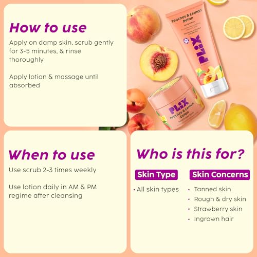 Image of PLIX - THE PLANT FIX | Peaches & Lemon Detan Bump Eraser Scrub (200g) & Detan Body Lotion SPF 15 (200ml) | Removes Tan & Restores Skin's Moisture, Reduces Dark Spots, Uneven Skin Tone