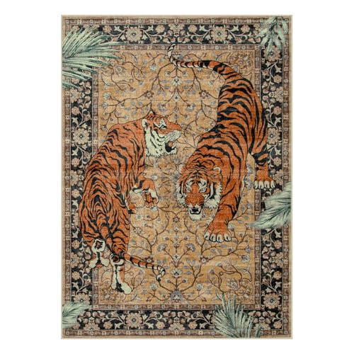 Moynesa Tiger 5x7 Area Rugs, Boho Washable Rugs for Living Room, Vintage Soft Dining Room Rug, Non Slip Ultra Thin Stain Resistant Large Floor Carpet for Office Bedroom, Camel