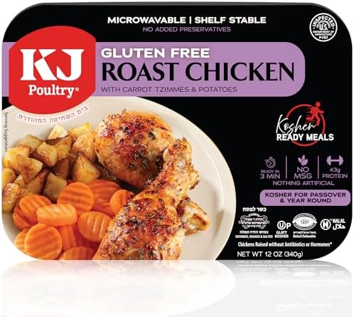 KJ Poultry Kosher for Passover Gluten Free Meals, Roast Chicken with Potato & Carrots, Halal, (1 Pack) Prepared Entree Fully Cooked, Shelf Stable Microwave Dinner, Travel Military Camping