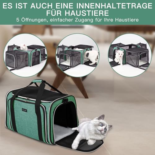 Image of BAGLHER Expandable Cat Carrier with Travel Litter Box, Pet Travel 5 Sides Open Doors 3 Sides, Leak-Proof and Collapsible, for Car, Airplane Trip, Green