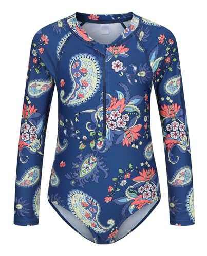 Image of Girls One Piece Swimsuits Long Sleeve Rash Guard for Kids Girls Hawaiian Swim Shirts UPF 50+ Sun Protection