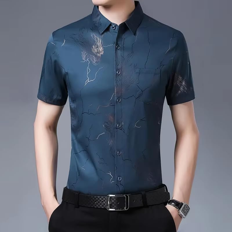 Men Summer Short Sleeve Print Silk Shirts Mens Casual Cotton Slim Fit T-Shirt
