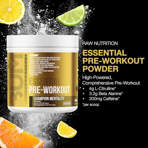 Image of RAW Essential Pre-Workout Powder (Champion Mentality) - Chris Bumstead Sports Nutrition Supplement for Men & Women - Preworkout Energy Powder with Caffeine, L-Citrulline, L-Tyrosine & Beta Alanine