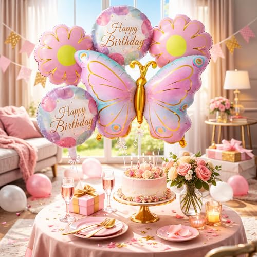Image of Rozi Decoration Butterfly Theme Happy Birthday Foil Balloon Set with Flower Balloons for Kids Birthday Party Decoration, Pastel Pink Gold Party Decor for Girls Home Celebration