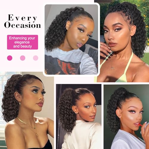 AISI BEAUTY Black Ponytail Extension 14 Inch Curly Drawstring Ponytail for Women Clip in Fake Ponytail Synthetic Curly Pony Tails Hair Extensions(Black) - Image 5