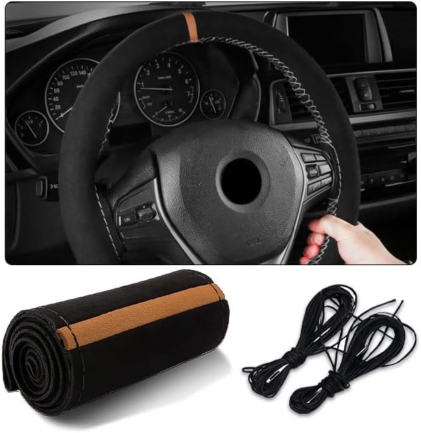 AUCELI Funda de cuero para volante de automóvil, 38 cm, duradera, de cuero genuino, con costuras, funda envolvente, protector de volante para