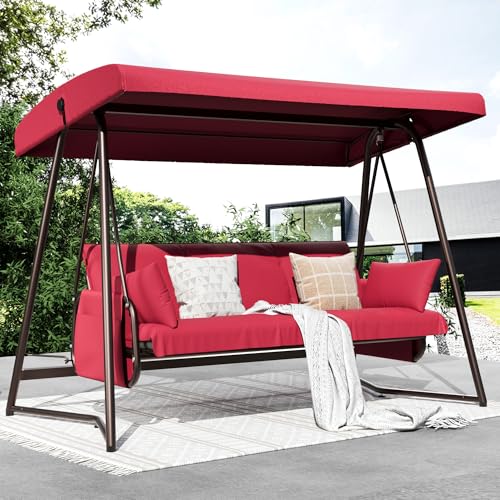 3-4 Person Oversized Outdoor Porch Swing with Adjustable Backrest Canopy,2-in-1 Swing Bed 800 lbs Capacity,Patio Swing with Removable Cushions for Yard Garden Poolside Balcony
