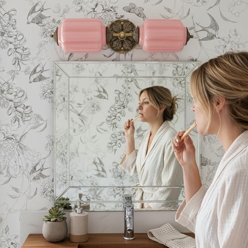 Image of Vintage Vanity Light - 2-Light Wall Sconce with Brass Finish Base & Green Glass Shade - Wall Sconce Lighting for Mirror, Kitchen, Living Room, Gallery (Bulbs Included) (Pink)