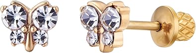 Earrings For Girls, 18k Gold Plated Butterfly Hypoallergenic Earrings for Girls, Stud Screw On Safety Backs, Stainless Steel Ultra Sensitive Ears Post For Kids, Toddlers, Little Girls, Teens