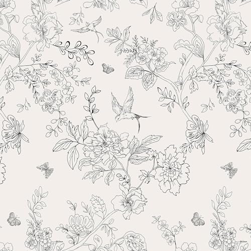 Papier Peint Adhesif Oiseau et Fleur,44 x 1000cm Papier Peint Noir et Blanc Papiers Peints Noir Floral Oiseaux Papillon Feuille Botanique Papier Autocollant pour...