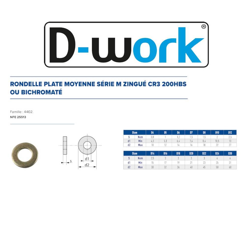 D-Work - Juego de 4 fundas de 25 arandelas planas medianas M20 mm – NFE 25513 – Zinc blanco