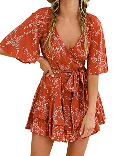 Aimcoo Womens Summer Short Flared Sleeve Romper V Neck Floral Print Jumpsuit Waist Tie Layer Ruffle Hem Dress Look Rompers #TOP2