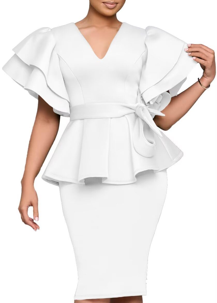 Elegant Dresses for Women Sexy Church Long Ruffles Sleeve Business Pencil Vintage Peplum Dress Wear to Work
