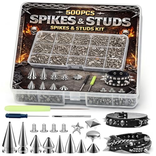 500 Sets Punk Spikes and Studs Kit 11 Sizes Metal Rivets for Jackets Shoes Belts Bags Leather Crafting DIY Accessories