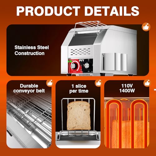 Image of PYY Commercial Conveyor Toaster 100pcs /h - Electric Conveyor Belt Toaster for Toast, Bun, Bagel, Bread, Heavy Duty Stainless Steel Toaster Oven for Restaurant, Bakery, Buffet Use