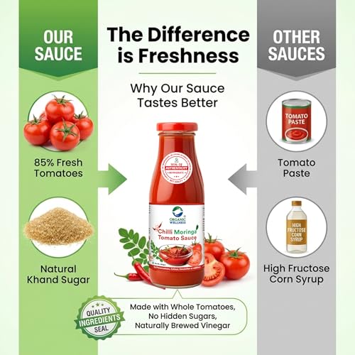 Image of Organic Wellness Moringa Tomato Red Chilli Sauce Bottle I No Added Preservatives Or Colors | All Natural Ingredients | No Onion & Garlic |100% Veg & Fresh Tomatoes Used (350 Gram - Pack Of 1)