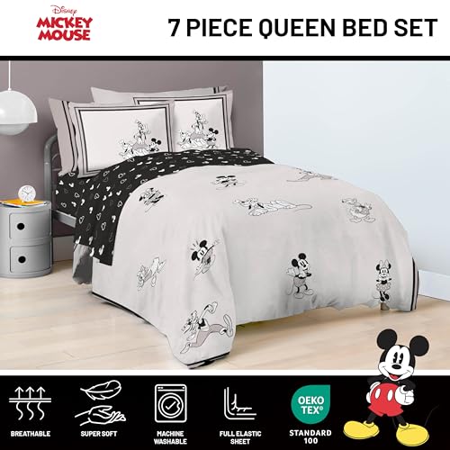 Image of Disney Mickey Mouse and Friends Queen Comforter Set 7 Piece Bedding, Beige | Minnie Donald Goofy, Bed in a Bag, Comforter Sheets Shams Pillowcases, Official Product, Soft Microfiber, Machine Washable