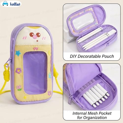 Image of FunBlast Pencil Pouch for Kids, Girls - Large Capacity Multipurpose Stationery Zipper Pouch with Hanging Strap for Kids & Adults, Kawaii Aesthetic Pencil Case Organizer for Girls (Purple)