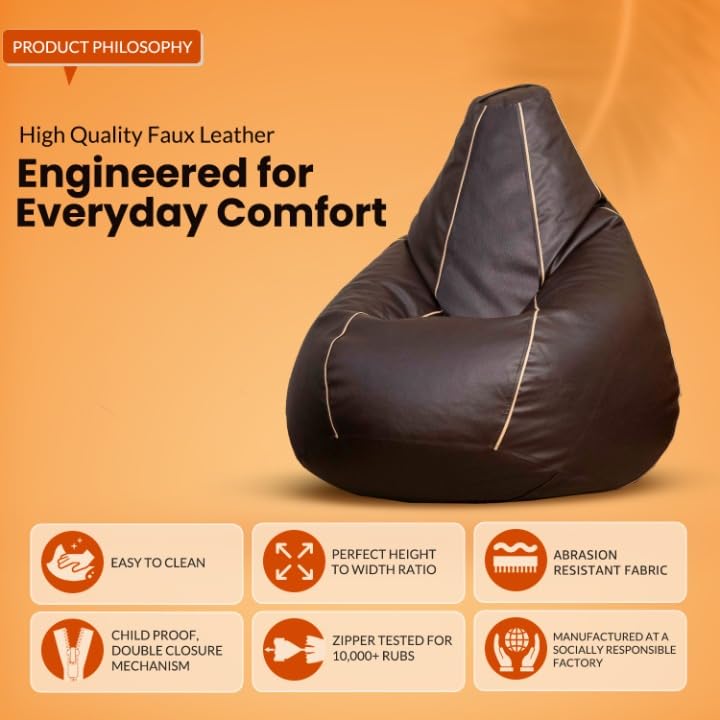 Image of Sattva Classic Piping XXXL Bean Bag with Pocket Filled with Beans | Faux Leather Teardrop Bean Bag for Adults & Teens | Pre-Filled Comfortable Seating for Home, Living Room - Brown with Beige Piping
