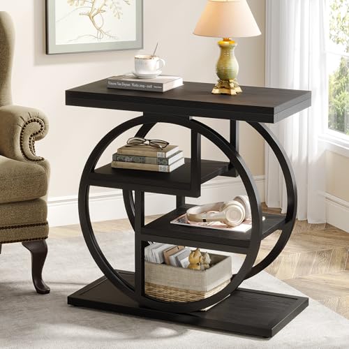 Image of Tribesigns Black End Table for Living Room, 4-Tier Narrow Side Table with Storage Shelves, Modern Bedside Table for Bedroom, Wood Small Sofa Side Table with Geometric Metal Frame (1 PC, Black)