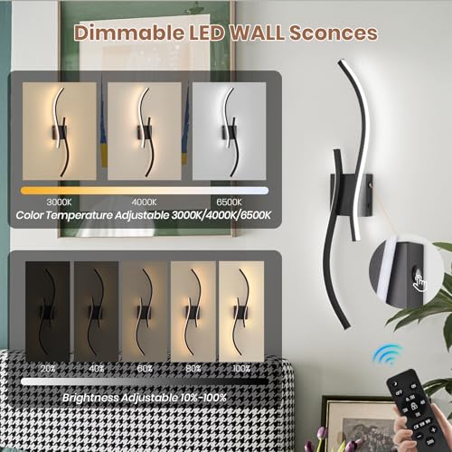 Image of Battery Operated Wall Sconces Set of 2, Dimmable Rechargeable Battery Wall Light with Remote Control, 3000K-6500K LED Black Wireless Wall Sconce for Living Room Bedroom Hallway, 31.5inch (Black)