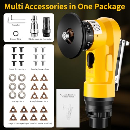 Image of Pneumatic Chamfering Tool, 30000 RPM Air Chamfer Tool with 6 Bearings & Complete Screw Kit for Deburring & Beveling, Includes 8 C & 6 R Blades, 45, 1 /4 inch Air Inlet for Metal, Wood, PVC, Acrylic