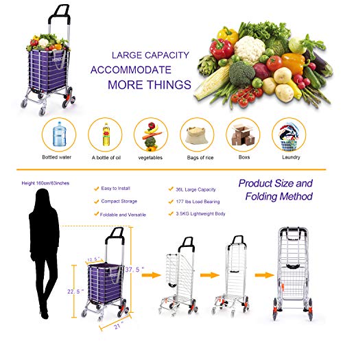 Shopping Cart,Stair Climber Cart,177lb/36L Large Capacity,Grocery Utility Cart,Aluminum Alloy Portable Foldable Trolley Cart,with 8 Rubber Wheel,with Shopping Bag,with Bungee Cord (Purple Bag)