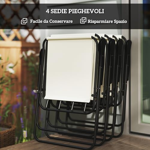 Outsunny 6 Piece Steel Garden Table and Chairs Set with Parasol, Furniture Set with 4 Folding Textilene Chairs and Round Glass Table, Outdoor Set for Patio, Terrace, Cream – Image 5