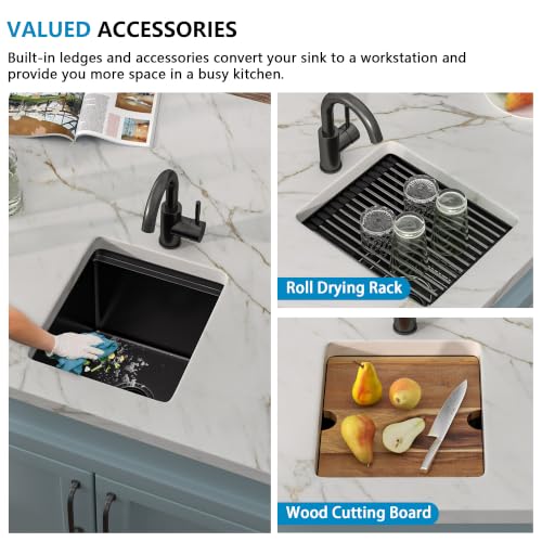 Image of 13 inchx15 inch Black Bar Prep Sink Undermount Workstation | Gunmetal Black NANO-PVD 16 Gauge T304 Stainless Steel Single Bowl Under Counter Basin for RV Kitchen Wet Bar Prep Station
