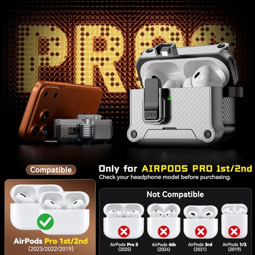 Image of Inesore Compatible with AirPods Pro Case,Secure Lock & Phone Stand Design,Compatible with MagSafe,Automatic Snap Switch Secure Cover with Carbon Fiber Texture(Silver,for AirPods Pro 2nd /1st)