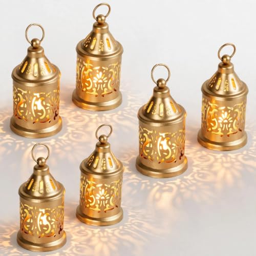 Image of Nutech Decor Hanging Metal Candle & Tealight Holder Lantern Set With LED Candle - Decorative Golden Vintage Lanterns for Home, Living Room, Dining Table, Balcony, Garden & Festival Gifting (Pack of 6)
