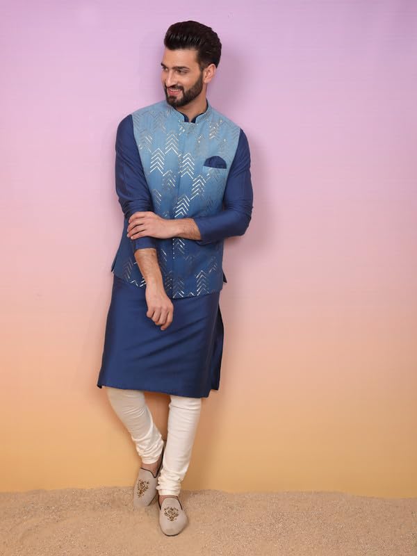 Image of KISAH Men's Navy Blue Printed Cotton Kurta - Regular Fit Long Tunic with Mandarin Collar | Ethnic Wear for Weddings & Festive Occasions