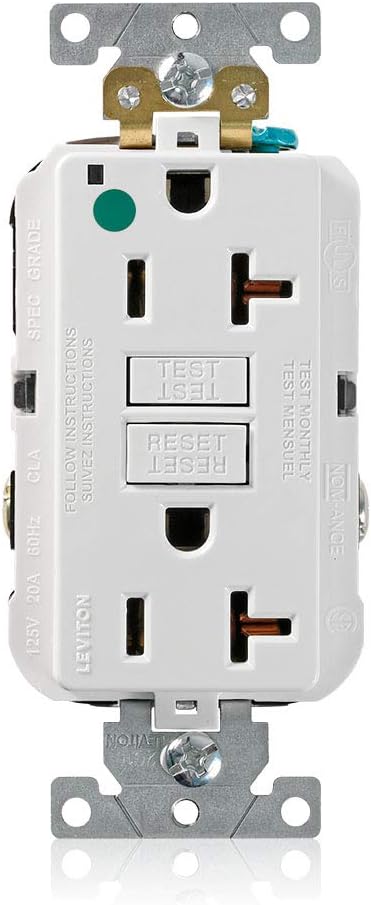 Leviton 20A-125V Extra-Heavy Duty Hospital Grade Non-Tamper-Resistant Duplex Self-Test GFCI Receptacle, GFNT2-HGW, White