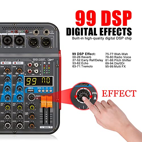 Tiimge 6-Channel Professional Audio Mixer With 48V Phantom Power And 99 Dsp Effects,Bluetooth,Mp3,Computer Input, Dj Mixing Console For Live Performances, Recording Studio And Karaoke #TOP1