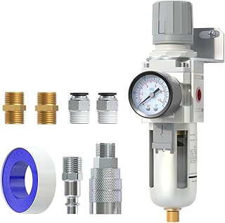 AIRZOE 3/8" NPT Air Filter Regulator Combo Piggyback,5 Micron Brass Element, Semi-Auto Drain,Air Pressure Regulator AW3000-03,0-145 psi Gauge