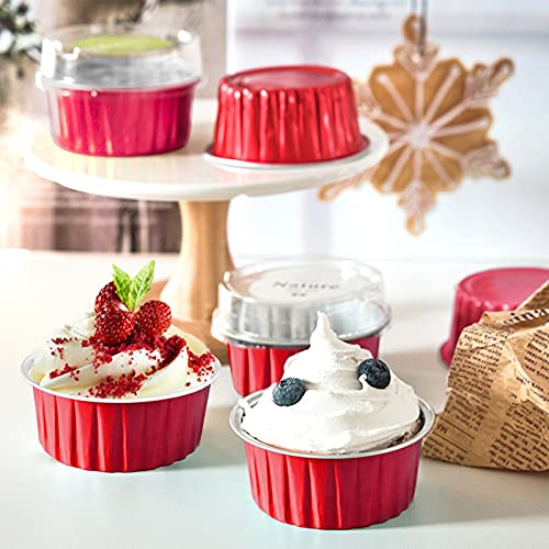 Deayou 100 Pack Aluminum Foil Ramekins With Lids, 5Oz Muffin Cupcake Baking Liners Cups, 3" Round Disposable Recyclable Tart Pie Tin Pan Holder For Pudding, Party, Wedding, Oven Freezer Safe, Red #TOP3