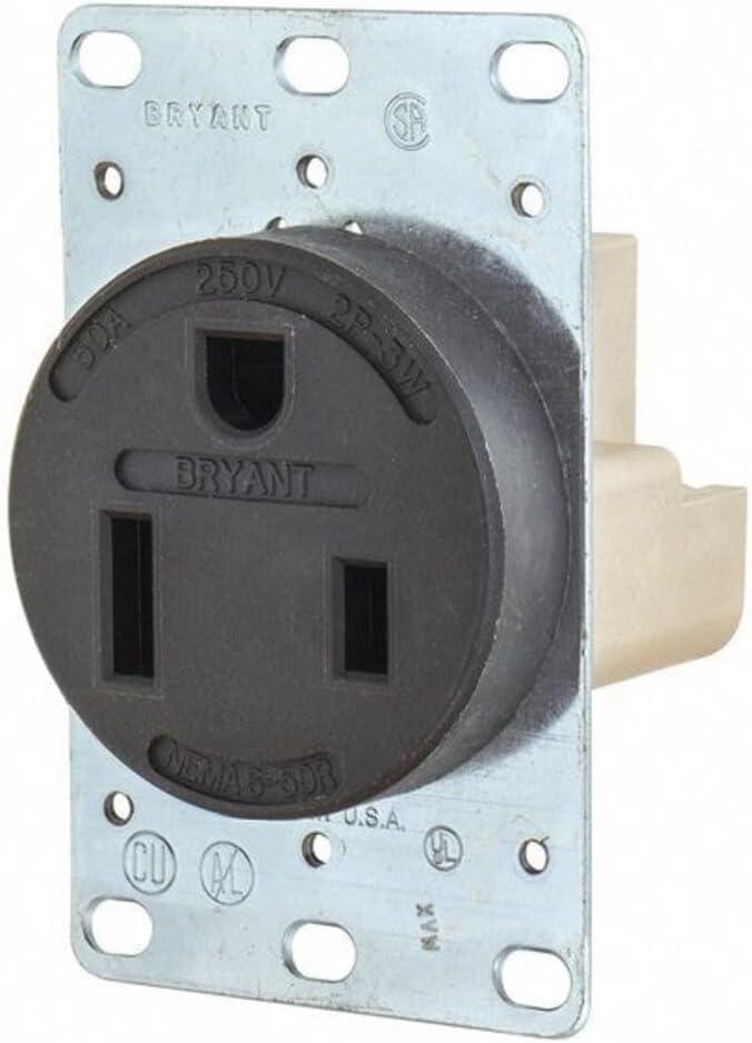 Bryant Electric 9650FR 50 Amp 250V NEMA 6-50R Flush Straight Blade Receptacle, Black