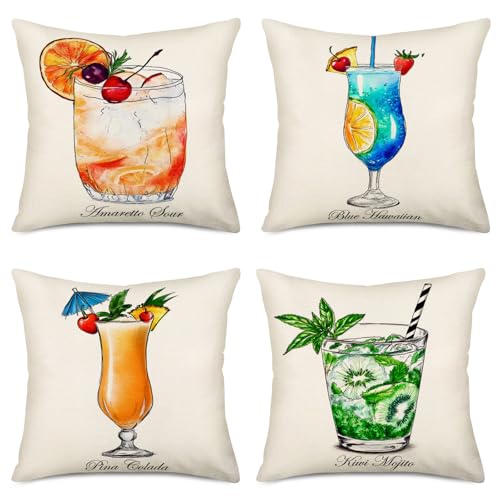 Fukeen Summer Time Throw Pillow Cases Set of 4 Tiki Bar Mai Tai Cocktail Decorative Cushion Covers Blue Hawaiian, Kiwi Mojito Quotes Cotton Linen Pillowcase Holiday Home Couch Decor Square 18x18 Inch