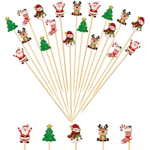 Jiesky 240 Counts Christmas Cocktail Picks Christmas Tree Snowflake Snowman Santa Claus Reindeer,4.7in Bamboo Cocktail Toothpicks Fruit Food Appetizer for Christmas Party Decorations 2024 Cover