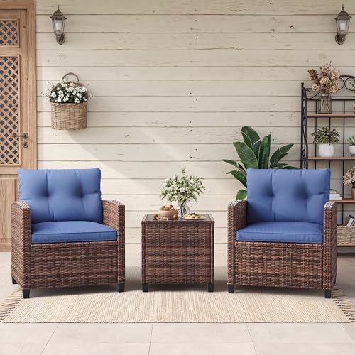 GarveeHome GarveeHome 3-Piece Outdoor Wicker Sofa Set, PE Rattan Patio Furniture with Removable Washable Blue Cushions & Tempered Glass Table, Conversation Seating for Garden, Poolside, Balcony, Brown