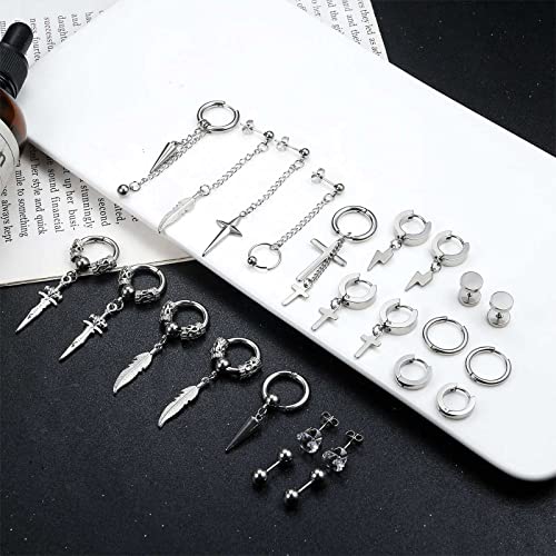 Jstyle 24Pcs Dangle Earrings For Men Stainless Steel Mens Hoop Earrings Cross Dangle Earrings Set Long Chain Stud Dangling Huggie Earrings For Men Women Silver Tone #TOP5