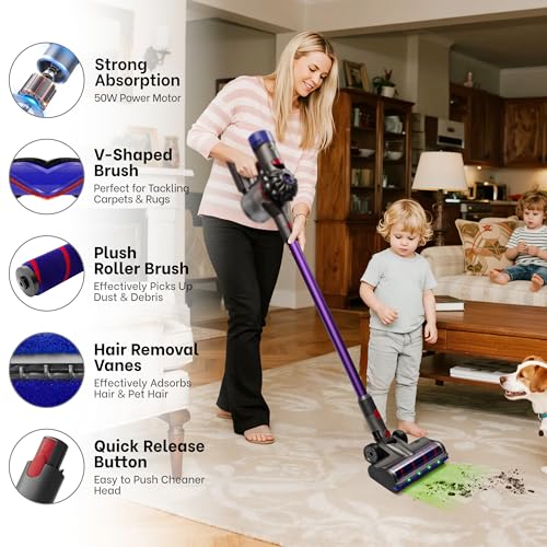 Image of 2 Brushes Vacuum Cleaner Head with Four Green LED Lights & Self-Standing Design, for V7 /V8 /V10 /V11 /V15, Quick-Release Motorized Brush Roll, Anti-Tangle for Hard Floor & Thin Carpets & Shaggy Carpet
