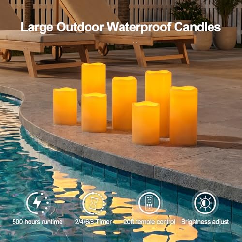 Image of 5plots Large Waterproof Flameless Candles 4 inchx8 inch White LED Pillar Set of 2 | Waterproof plastic candles with remote timer, realistic flickering LED glow. Battery operated for patio, porch & lanterns