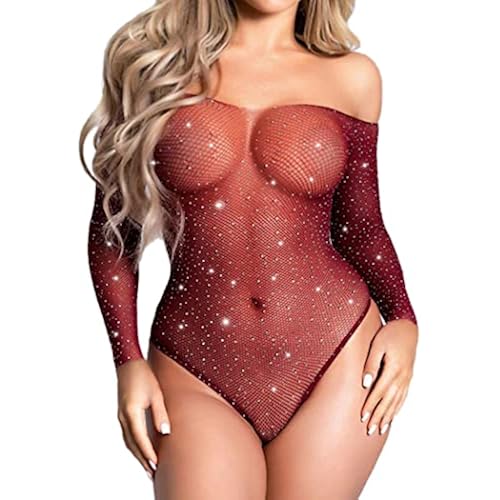 RSLOVE Women Lingerie Fishnet Bodysuit Sparkle Rhinestone Sexy Mesh Teddy Lingerie