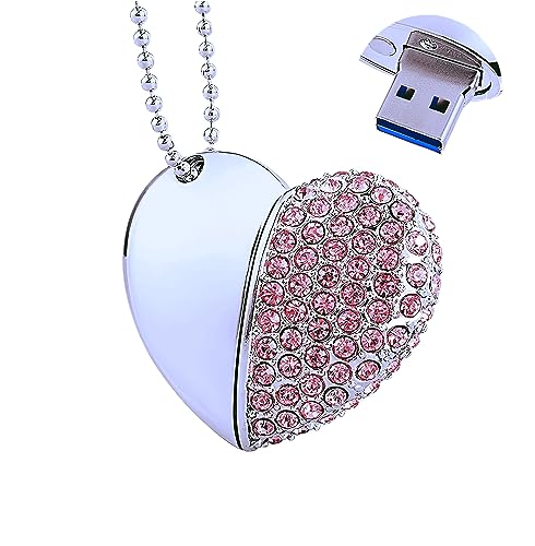 Shooo 128GB USB 3.0 Flash Drive Diamond Heart with Necklace Memory Stick High Speed Data Storage Pink