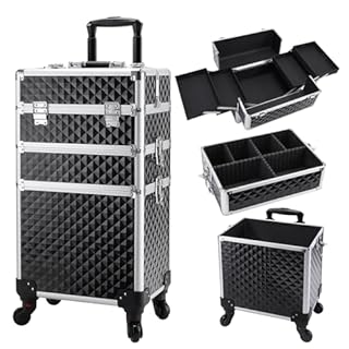 3 in 1 Hairdressing Trolley On Wheels Beauty Trolley Makeup Trolley Case On Wheels Make Up Rolling Box Vanity Suitcase Nail Technician Make Up Case, Black
