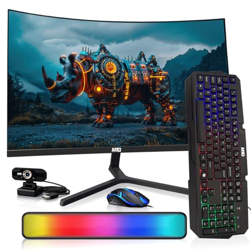Image of MTG 32 inch Curved Monitor Full HD 1080P Frameless Screen, HDMI DP USB Audio, Low Motion Blur, VESA Mount, Webcam with RGB Keyboard Mouse & Soundbar Combo, Computer Monitor for Gaming, Home, Office
